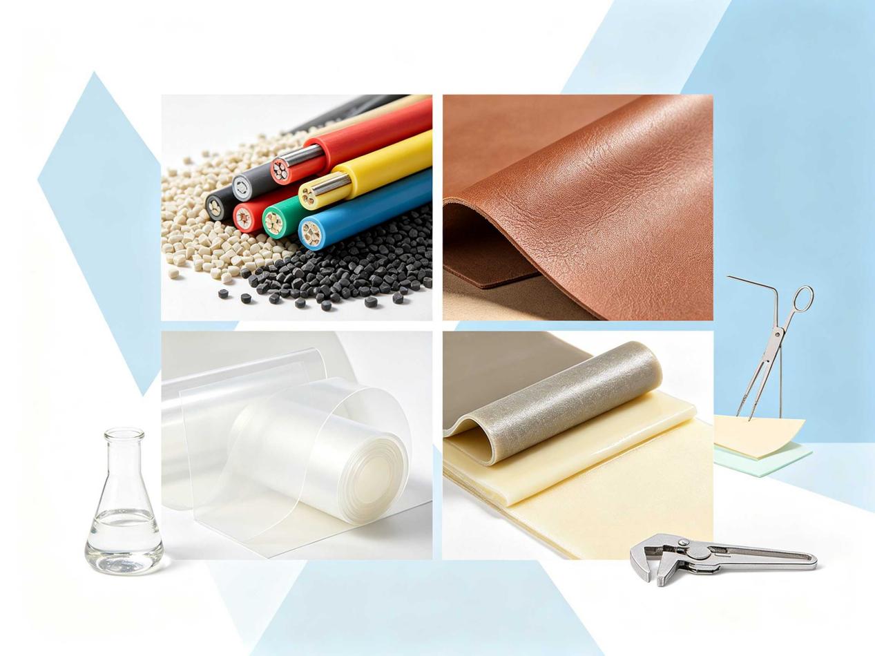 Diagram showing the application of plasticizers in fields such as PVC wire and cable compounds and artificial leather.